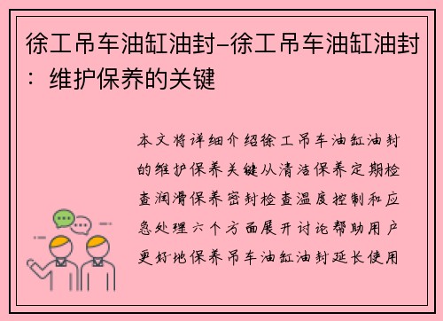 徐工吊车油缸油封-徐工吊车油缸油封：维护保养的关键