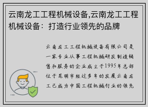 云南龙工工程机械设备,云南龙工工程机械设备：打造行业领先的品牌